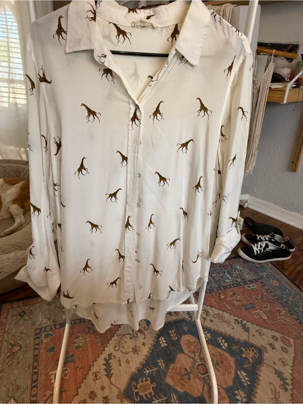 Cream Button-Up Blouse with Giraffe Print